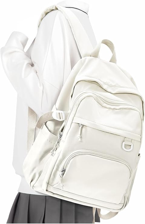 Lightweight School Backpack for Women Men, Cute School Bag for Teens Girls Boys, Casual Multi Pocket Backpack, Waterproof Rucksack Secondary Book Bag(Beige)