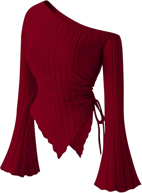 Women's Y2K One Shoulder Fitted Knit Top Long Sleeve Drawstring Asymmetrical Hem Trendy Going Out Vacation Tops