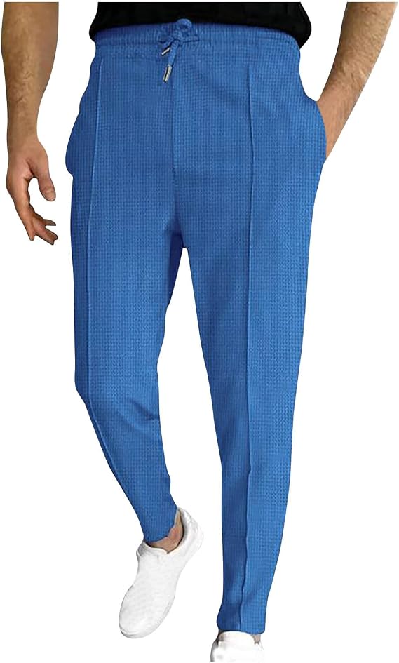 Work Pants for Men 2023 Casual Flat Front Drawstring Elastic Waist Straight Legs Solid Waffle Office Trousers