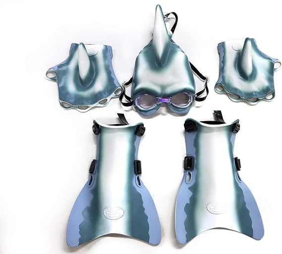 SHARKMAN Super Swimmer Shark Swim Gear for Kids Great White Mask with Built-in Goggles, Dorsal Fin, Flippers & Web Gloves NEW Improved Straps & Buckles Fun Costume Pool Toy Ages 4-12