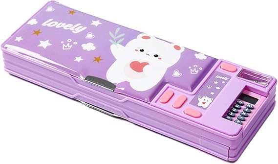 Pop Up Multifunction Pencil Case, Cute Cartoon Pen Box Organizer Stationery with Calculators, Sharpener, Schedule, School Supplies, Best Birthday Gifts for Kids Teens (Purple)