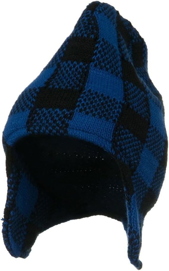Buffalo Plaid Peruvian Beanie Hat - Blue Black
