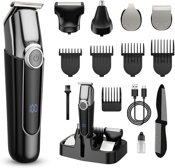 Beard Trimmer for Men, 5 in 1 Waterproof Electric Shaver Razor for Nose, Body, Face & Mustache, Cordless Hair Clippers, Rechargeable Grooming Kit with Travel Lock & Stand, Gifts for Men Dad Husband