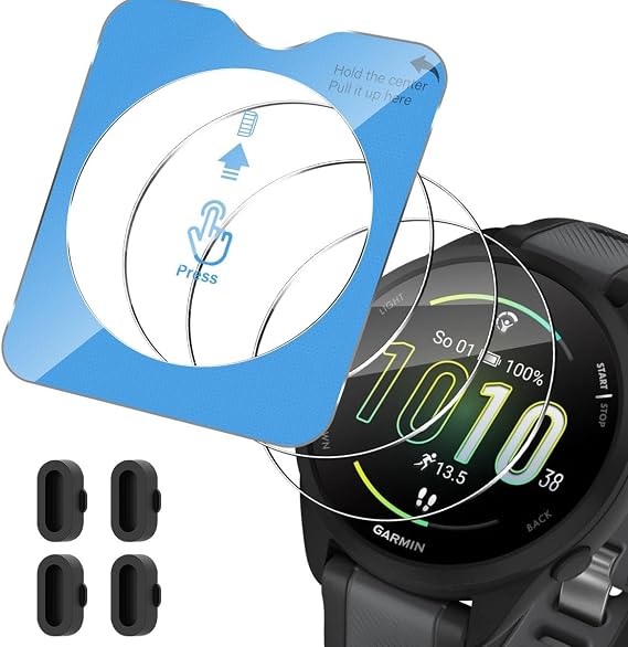TUTUO for Garmin Forerunner 165/165 Music Screen Protector, [3 Pack] Tempered Glass + Silicone Anti-dust Plugs, Anti-Scratch Protective Film with Easy Installation Tools