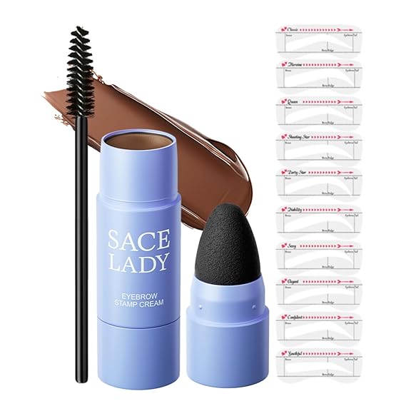 SACE LADY Eyebrow Stamp Kit, Brow Stencil Easy to Use & Natural Looking, Pigmented Long Lasting Eye Brow Cream with Brush and 10 Reusable Eye Stencils, 0.07Oz (#02 Dark Brown)