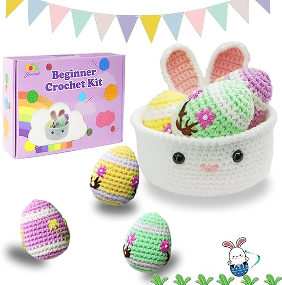 Yarniss Crochet Kit for Beginner, Easter Crochet Starter Kit for Eggs & Basket with Video Tutorials,Learn to Crochet Set