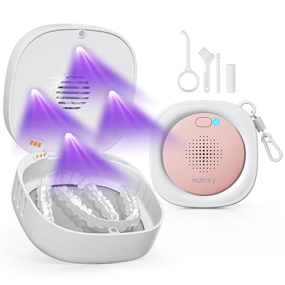 Nulaxy UVC Retainer Case with Fan, Dual Vent Holes & Built-in Mirror, Pink | Two Cleaning Modes, Dry & Odor Control, 1500mAh Battery, Removal Tool & Brush Included, Compatible with Invisalign, Retainer