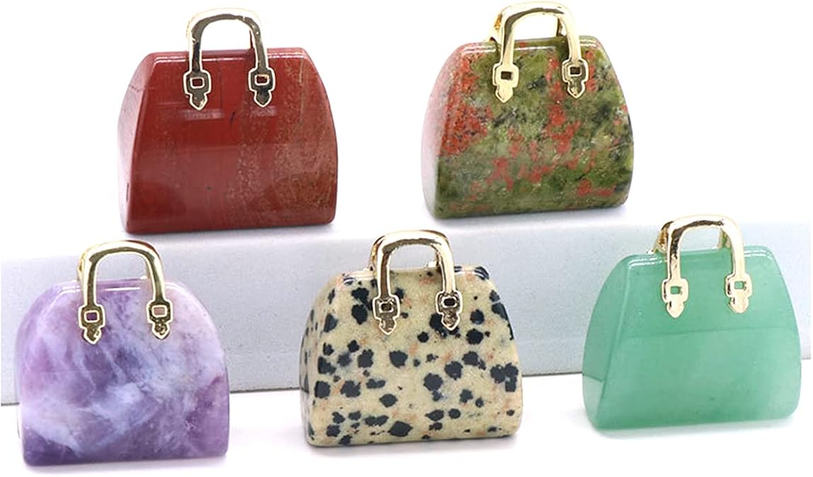 LHJ 5 Pcs Natural Stone Pendants Ornament Women Handbag Unique Shape Crystal Jsaper Stone Charms for Jewelry Making Necklace Earrings Decoration