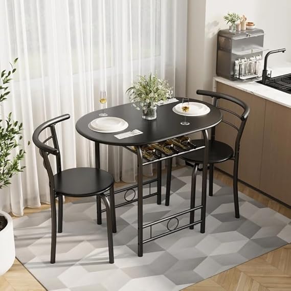 Shahoo 3-Piece Dining Table Set for 2, Kitchen Breakfast Nook Set, Black | 2 Chairs & Round Tabletop, Space Saving Wooden Furniture Metal Frame and Built-in Wine Rack