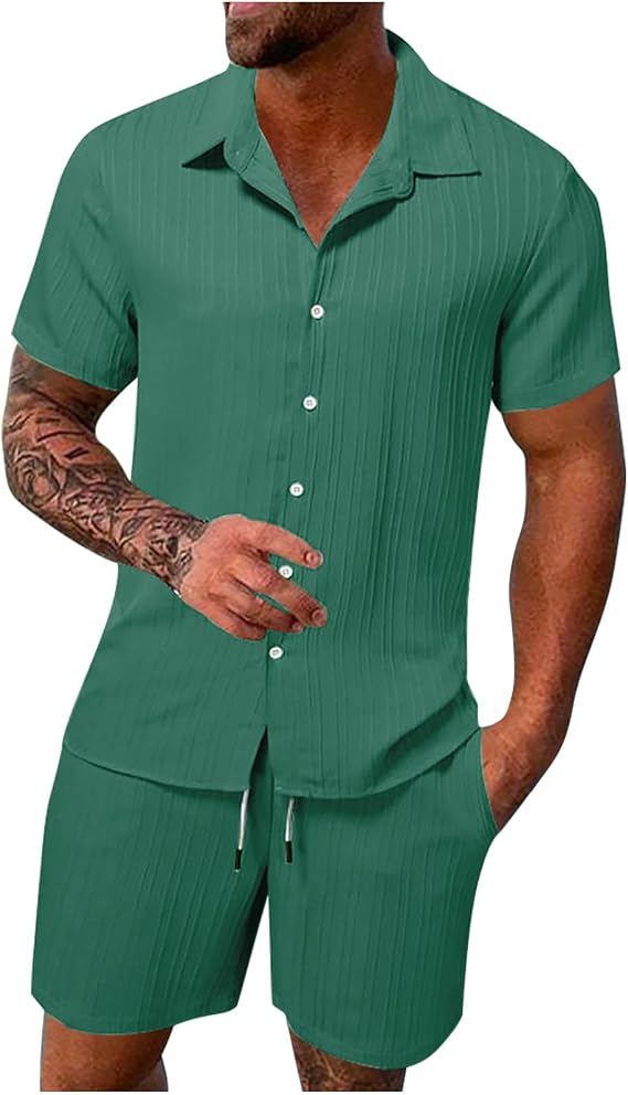 Mens Summer 2 Piece Outfits for Beach Hawaiian Short Sleeve Button Down Cotton Linen Cuban Shirts and Shorts Sets
