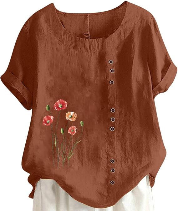 Linen Shirts for Women Floral Cotton Linen Shirt Casual Relaxed Fit Shirts Vacation Round Neck Shirt Boho Beach Shirt