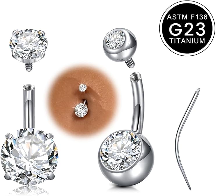 WillTen Titanium Belly Button Bars 6/8/10/12/14/16mm Short/Long Belly Bar, G23 Titanium Cubic Zirconia Internal Thread Navel Button Piercing Rings Silver Gold with Taper for Healing Sensitive Skin