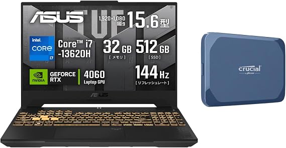 ASUS TUF Gaming F15 15.6-Inch RTX 4060 i7-13620H Memory 32GB SSD 512GB 144Hz FX507VV-I7R4060A5200 External SSD 1TB Crucial X10 Maximum Read Speed 2100MB /second CT1000X10SSD9-02