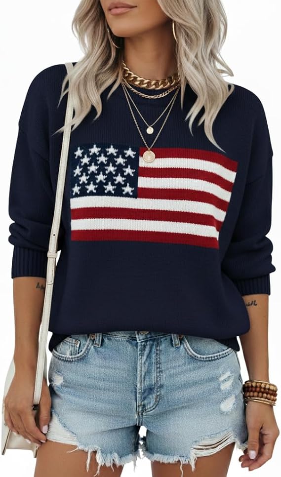 Noni Women's American Flag Pattern Long Sleeve Lightweight Round Neck Sweater Casual Loose Pullover Sweater