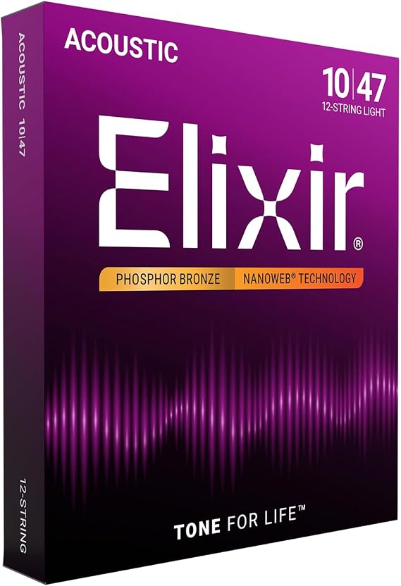 Elixir 16152 Strings Phosphor Bronze 12-String Acoustic Guitar Strings w NANOWEB Coating, Light (.010-.047)