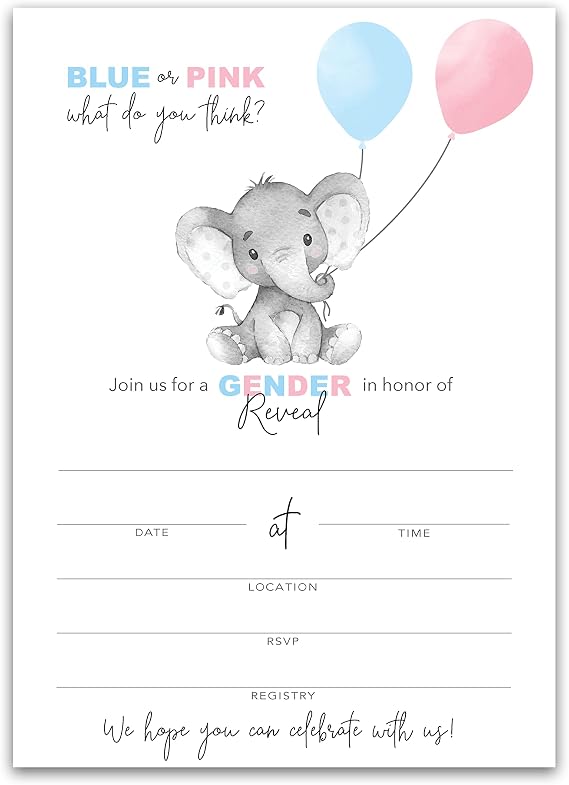 Gender Reveal Baby Shower Party Invitations Pack of 25 Elephant with Balloons, Blue or Pink, He or She Elegant DIY Guess Boy or Girl Unisex Fill-in Invites by Roseum Collections I510-INV1