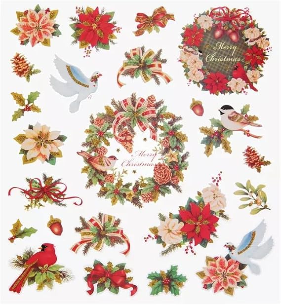 Christmas Wreath and Poinsettia Stickers - Glitter Adhesive Decals for Crafts & Scrapbooks - 23 Pieces