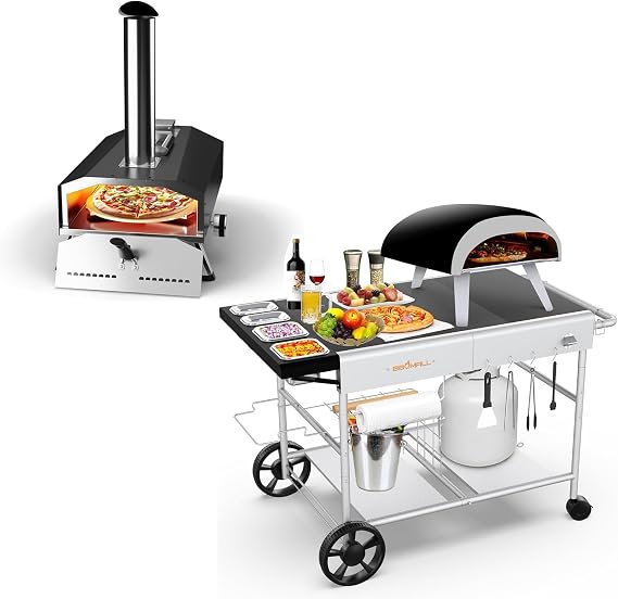 Pizza Oven Table Grill Cart and Wood Pellet 12 Pizza Oven, Wood Fired Pizza Oven Outdoor for Outside Backyard, Camping, Picnics, Patio, Universal Outdoor Pizza Oven Grill Cart 4 Wheels