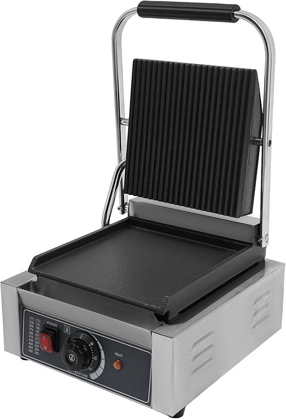 Kommerzieller Panini-Grill 1800W Kontaktgrill Sandwich-Pressgrill 50-300°C with Double-Sided Heating Elektrischer Sandwich-Panini-Maker with Heating Light 4 Non-Slip Feet Whisk&Hinge