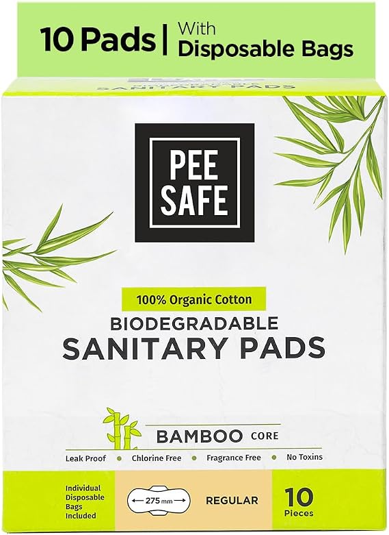 Pee Safe Biodegradable Sanitary Pads - Regular (Pack of 10) | 100% Organic Cotton & Bamboo Pulp