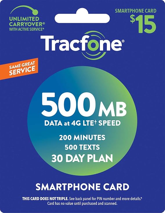 Tracfone $15, 500 Min, 500 Text, 500MB Data 30Day Plan [Physical Delivery]