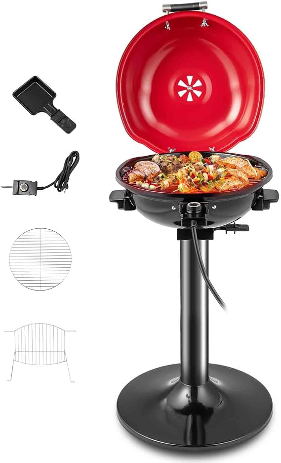 MAT EXPERT Electric Grill Outdoor, Portable Electric BBQ Grills Outdoor/Indoor w/Removable Drip Tray & Lid Handle, Non-slip Base, Adjustable Temperature for Camping, Picnic, Backyard, Kitchen (Red)