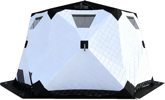 Instant Pop-Up Ice Fishing Tent Insulated 420D Hexagon Shelter for 2-10 People Portable Ice Shanty with Stove Jack Floor Ideal for Ice Fishing & Winter Camping -22F White