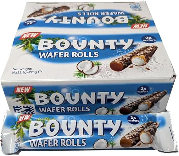 BML Bounty Crispy Wafer Rolls Multipack 10 x 22.5g Chocolate Coated Coconut Filled Wafer Biscuits Individually Wrapped Sweet Snack Lunch Box Treat Sharing Pack Gift Tea Time & Everyday Snacking