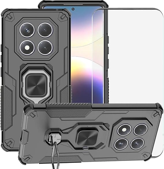 for Xiaomi Redmi Note 14 Pro 4G Case, Hybrid Heavy Duty Armor Shockproof Defender Kickstand Dual Layer Bumper Hard Back Case Cover with Tempered Glass Screen Protector,Black