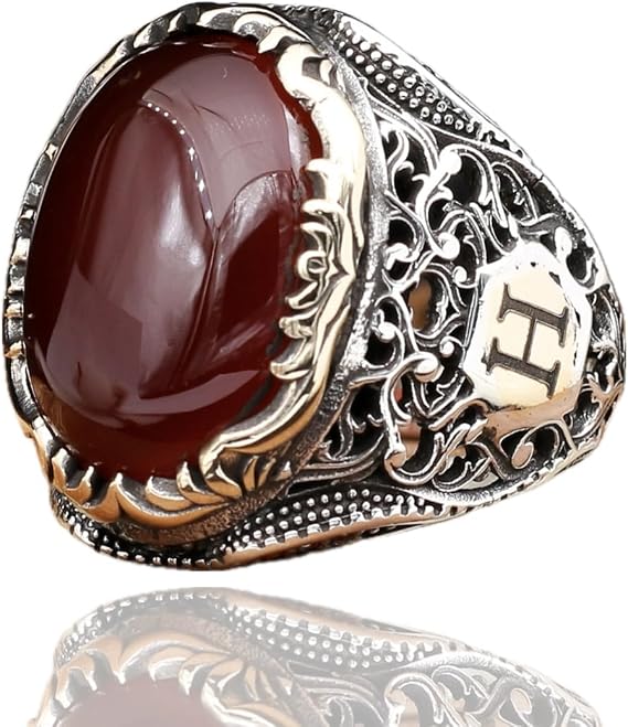 Personalized Men Aqeeq Ring, Red Agate Stone Men's Ring, 925 Solid Sterling Silver Handmade Customizable Letter Ring Two Letters Can Be Written On The Sides Of The Ring