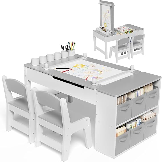 MAMIZO Kids Wooden Art Table and 2 Chairs Set with 6 Storage Boxes, Grey