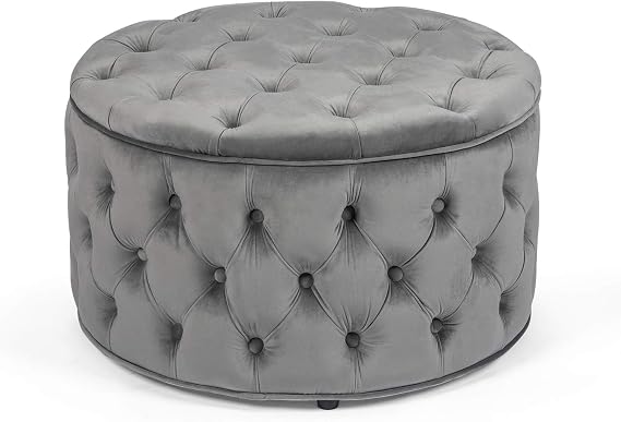 Adeco 28 Inch Round Velvet Storage Ottoman, Grey Button Tufted Footstool and Coffee Table for Living Room & Bedroom, Modern Upholstered Foot Rest