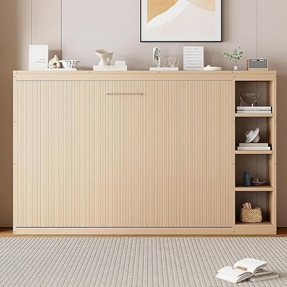 Full Size Murphy Bed with Bookshelf,Foldable Bed Cabinet Bed with Storage,Wood Hidden Wall Bed for Apartment Office Studio Home (Natural-@O)