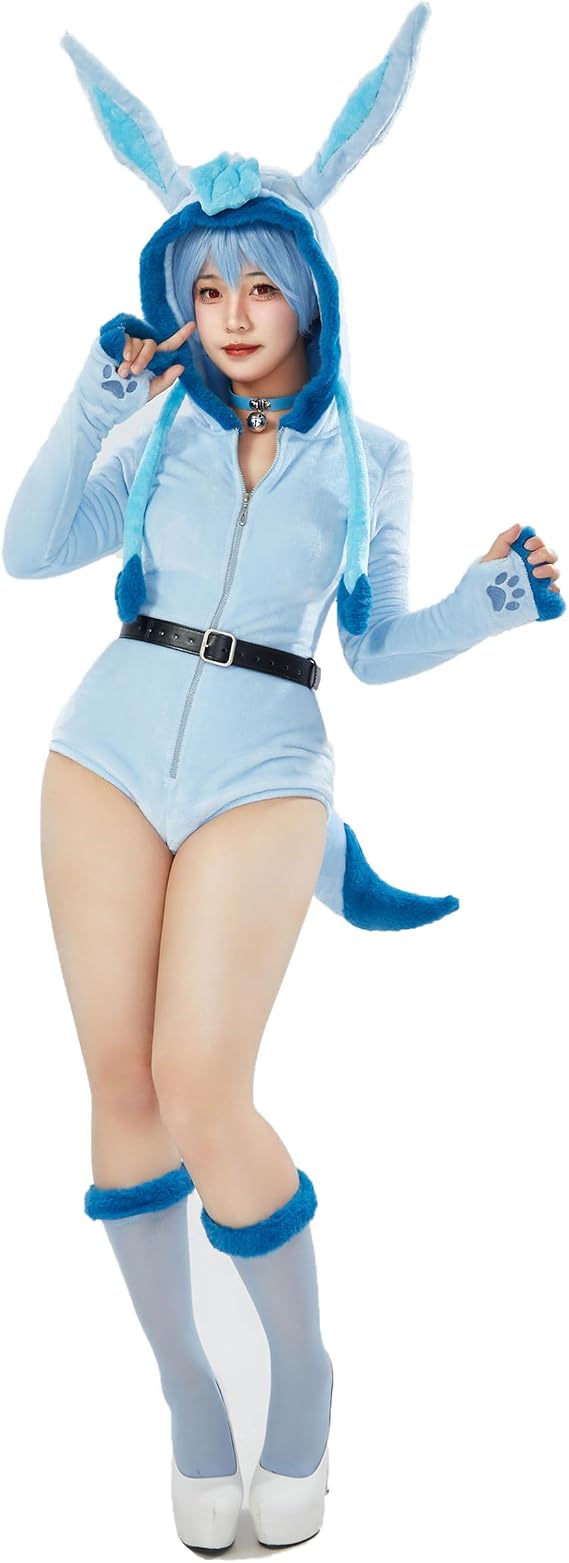 Mobbunny Women Cartoon Anime Style Romper Fuzzy Onesie Pajama Blue Loungewear Fluffy Hooded Homewear Short Jumpsuit