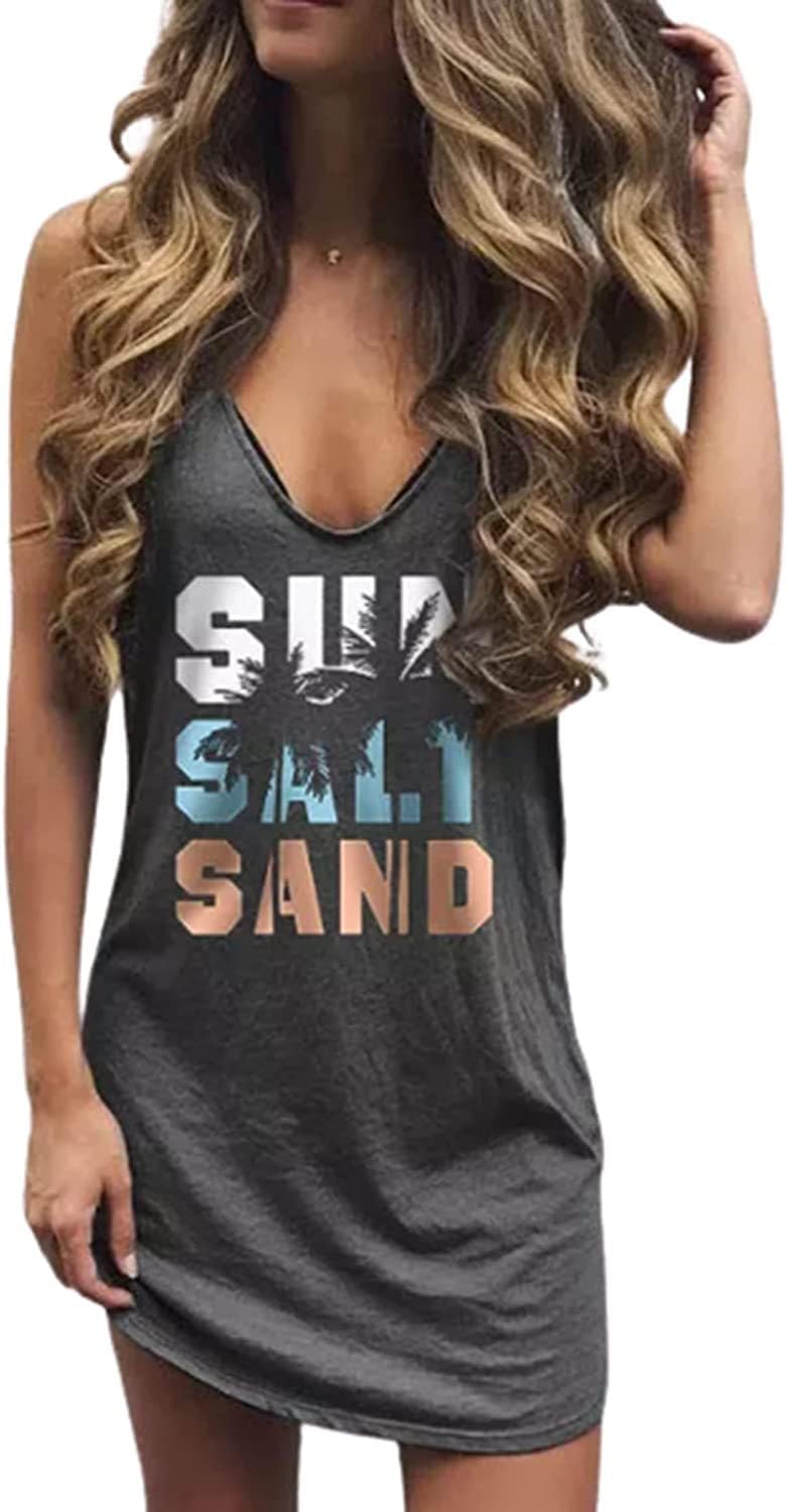 Sundresses for Women Sun Salt Sand Tank Mini Dress,Coconut Tree Graphic Sleeveless T-Shirt Dresses,Beach Vacation Sun Dresses