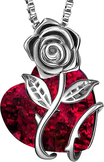 AOBOCO Sterling Silver Heart Rose Flower Necklace Embellished with Crystals from Austria, Fine Anniversary Birthday Rose Flower Jewelry Gifts for Women