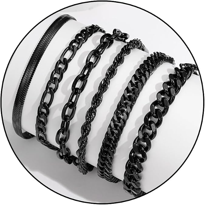 Zocomi 6 Pcs Chain Bracelet for Men, Stainless Steel Cuban Curb Link Rope Paperclip Figaro Herringbone Chain Bracelets Set Jewelry Gifts for Man Woman Boys 7.5/8.3/9 Inches