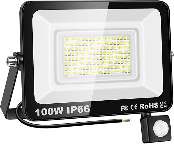 PICAA LED Security Lights with Motion Sensor 100W PIR Sensor Daylight White LED Flood Lights Outdoor IP66 Waterproof Floodlight Wall Light for Garage Garden Forecourt Hallway [Energy Class E]