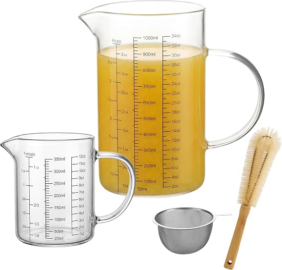 Glass Measuring Cup Set, 4-Cup/32oz (1000 ml) + 12oz (350 ml) Graduated Pitchers with Handle & Drip-Free Spout, Fine Mesh Strainer & Cleaning Brush for Liquid Measuring, Baking, Cold Brew