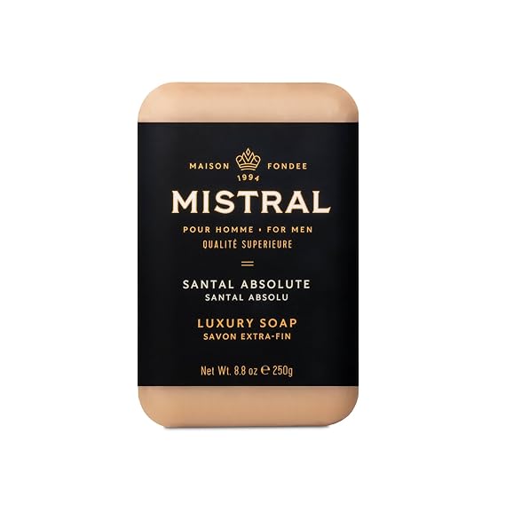 Mistral Santal Absolute Luxury Bar Soap for Men | Mens Natural Soap Bar | Paraben, Phthalates Free | Moisturizing & Triple-Milled Natural Soap for Men - Made in France | Large, 8.8 oz