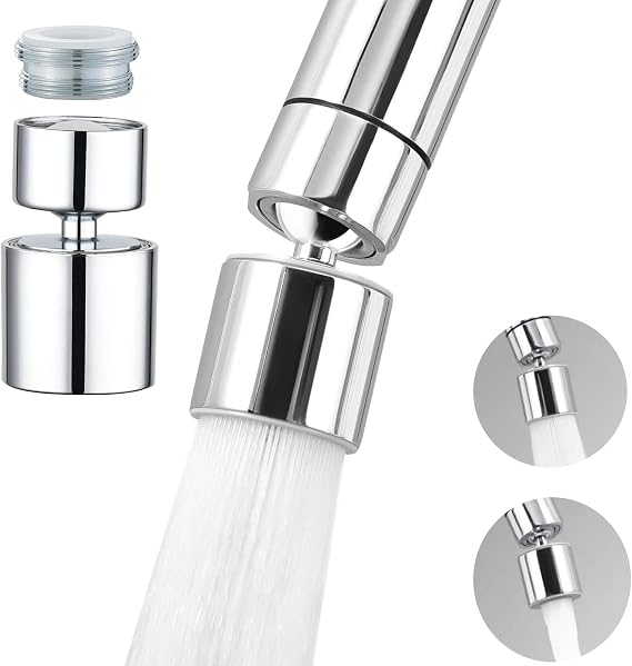 Kitchen Sink Faucet (Improved), 360° Swivel Kitchen Faucet Aerator, Dual Function 2-Flow Spray Head Replacement, Sink Attachment for Faucet Includes 55/64" Female Thread (Chrome1)