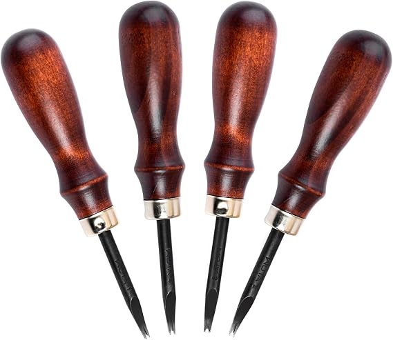 WUTA Leather Edge Bevelers, 4pc High Carbon Steel Edge Skiving Set, Wood Hand Edge Bevelers, Leather Craft Keen Edge Cutting for Beveling (0.8mm+1mm+1.2mm+1.4mm)