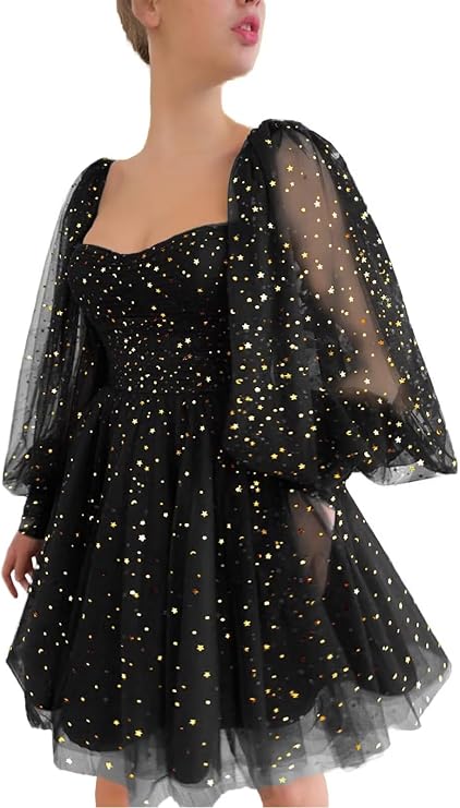 Maxianever Sparkly Homecoming Dresses Short for Teens Puffy Sleeves Starry Tulle Prom Dresses Graduation Mini Gowns Women