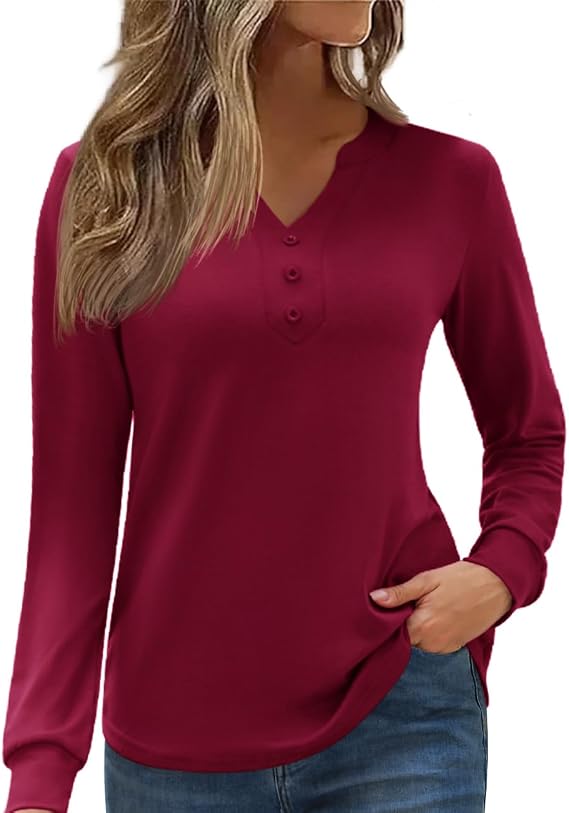 Womens Tops Business Casual Long Sleeve Button V Neck Henley Shirts 2024 Fall Trendy Loose Work Office Blouse Tunics