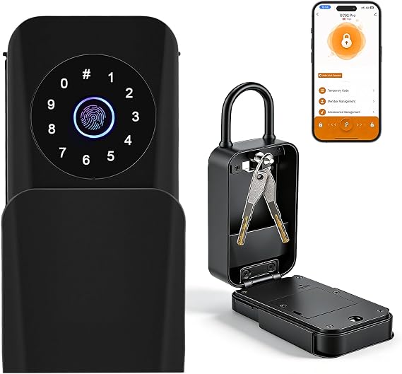 Smart Key Lockbox, Weatherproof & Portable Key Safe Outdoor, Master Lock Key Safe (5 Ways to Unlock: Fingerprint/Code/Card/App/Key) for Airbnb,Office,Home,Garage,Guest Access
