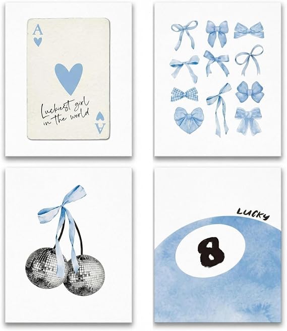 4Pcs Preppy Pink Wall Art Prints 15x20cm Aesthetic Room Photos Decor Posters with Bow Cherry Disco Ball Unframed Canvas Pictures Cute Coquette Gift Set for Teen Girls Bedroom Dorm Living Room (Blue D)