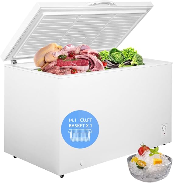 14.1 Cu Ft Chest Freezer with Rollers & Removable Basket, Large Capacity Deep Freezer for Home, Garage, Basement, White