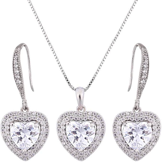 AMYJANE Crystal Jewelry Set Bride Bridesmaid- Sterling Silver Heart Shape Cubic Zirconia Crystal Bridal Pendant Necklace Earrings Set for Women