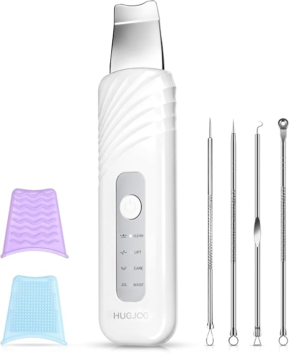 Blackhead Remover Tools, Face Scrubber Skin Spatula for Facial Cleansing, 4 Modes Pore Cleaner with 304 Stainless Steel Blade, Type-C Rechargeable, Silicone Face Brush, 4 Needles, PP Box