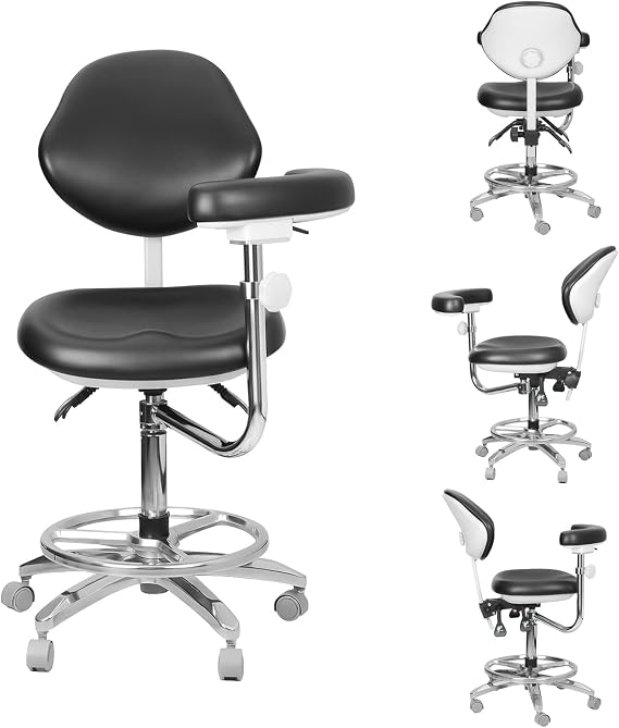 Multi Function Adjustable Dental Assistant Stool with Armrest Rack Rolling Cover PU Leather Foot Controlled